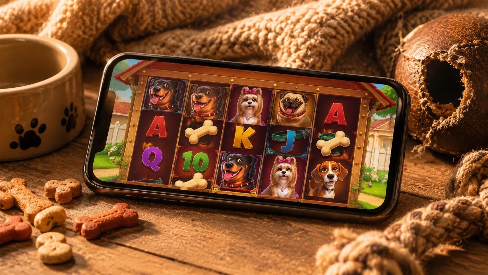 Smartphone displaying pet-themed pokie with playful dog character icons and bone symbols on a cozy wooden floor with chewed leather dog toy and ceramic bowl